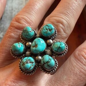 Vintage Sterling Silver Turquoise Cluster Flower Ring